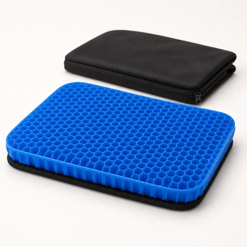 GlowTales FlexGel seat cushion with blue honeycomb gel and removable black cover.