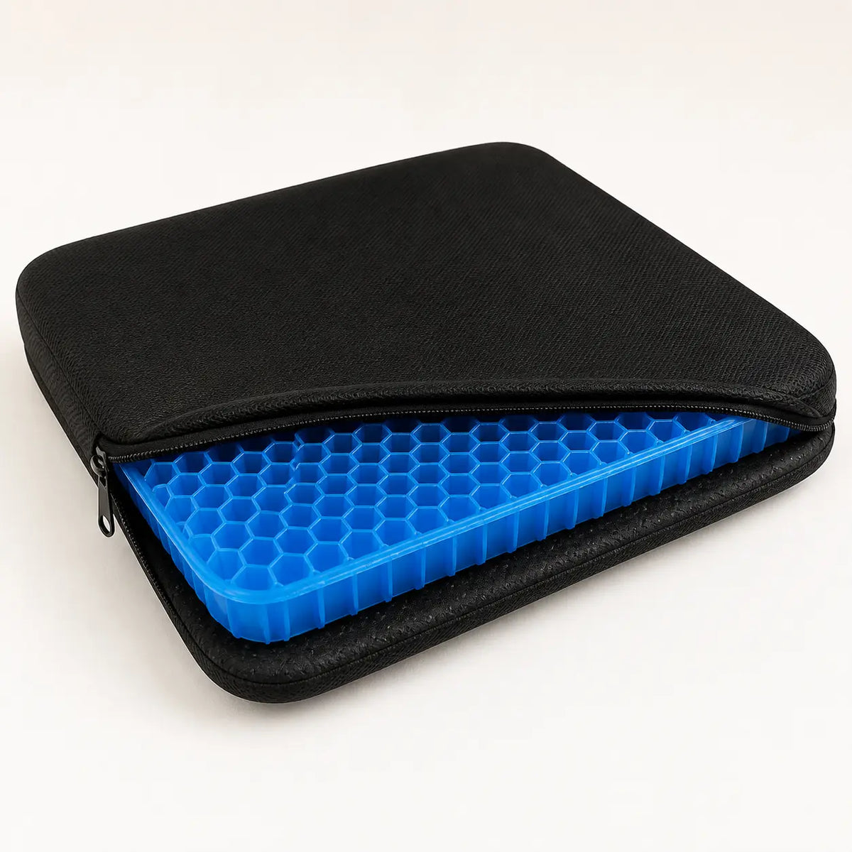 GlowTales gel seat cushion fitted inside its removable black non-slip cover.