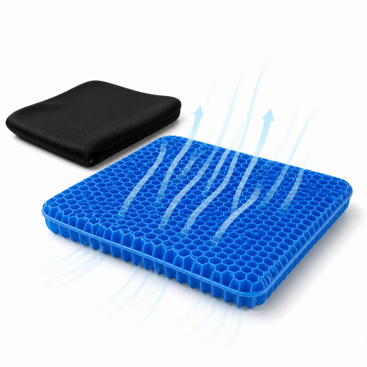 Open-grid gel cushion design that allows air to move through the seating surface.