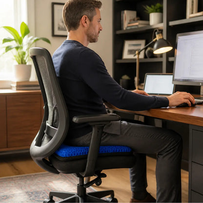 GlowTales gel seat cushion used on a home-office chair during a workday.