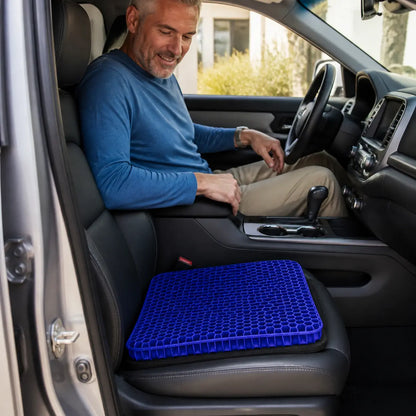 GlowTales gel seat cushion positioned on a car seat for commuting comfort.