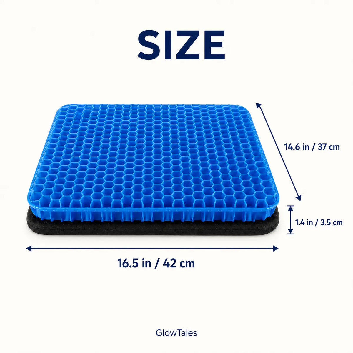 Dimensions of the GlowTales thick gel seat cushion: 16.5 by 14.6 by 1.4 inches.