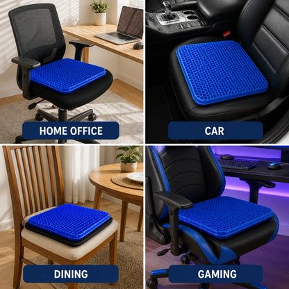 GlowTales gel cushion shown on office, car, dining and gaming seats.