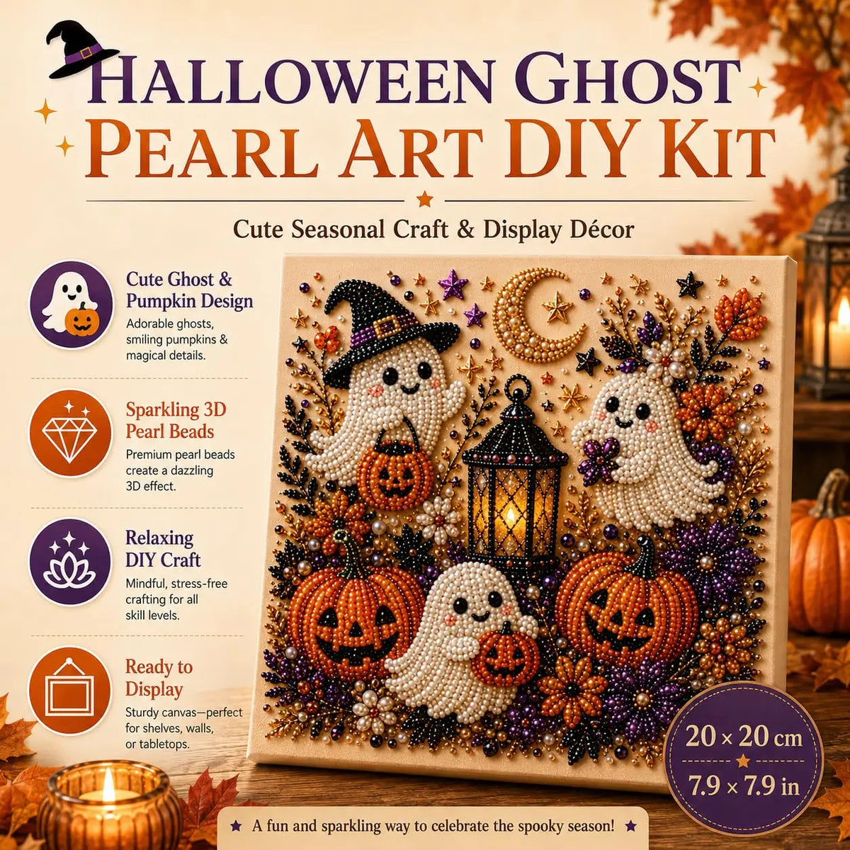 Halloween Ghost Pearl Art DIY Kit promotional graphic showing a completed beaded canvas artwork with pumpkins, ghosts, a moon, stars, and a lantern. The image includes product title text, feature callouts on the left, size information in a purple circle at bottom right, and a warm autumn background with candles and pumpkins.