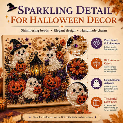 A Halloween-themed decorative canvas artwork shown on a styled tabletop with autumn props. The artwork features beaded pumpkins, ghosts, a lantern, stars, and autumn foliage, with callout circles highlighting bead details.