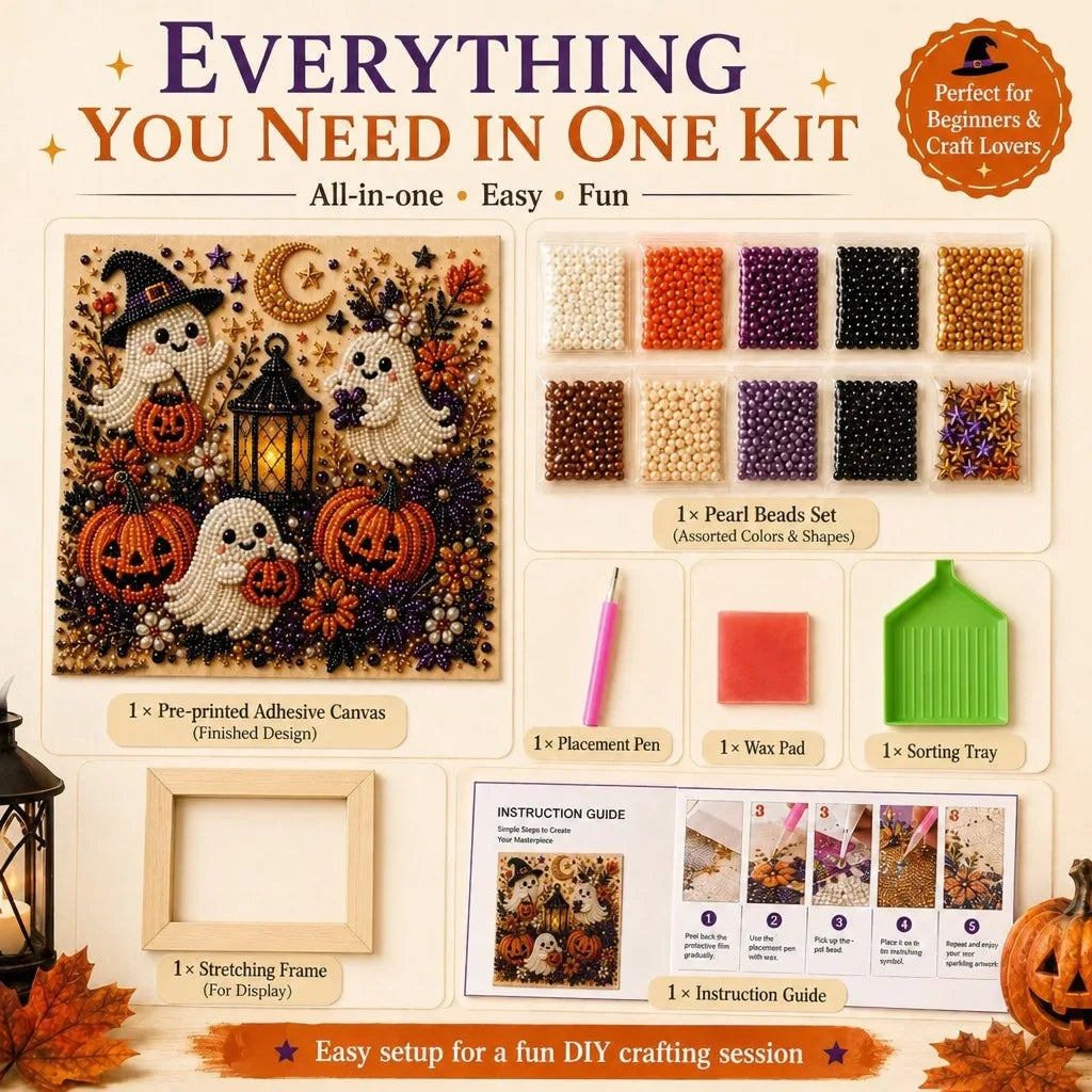 A Halloween-themed craft kit layout titled 'Everything You Need in One Kit' on a cream background. The image shows a finished embroidered canvas with ghosts, pumpkins, and a lantern, plus included accessories: pearl beads in multiple colors, a pink pen, a red wax pad, a green sorting tray, a wooden frame, an instruction guide, and a stretching frame.