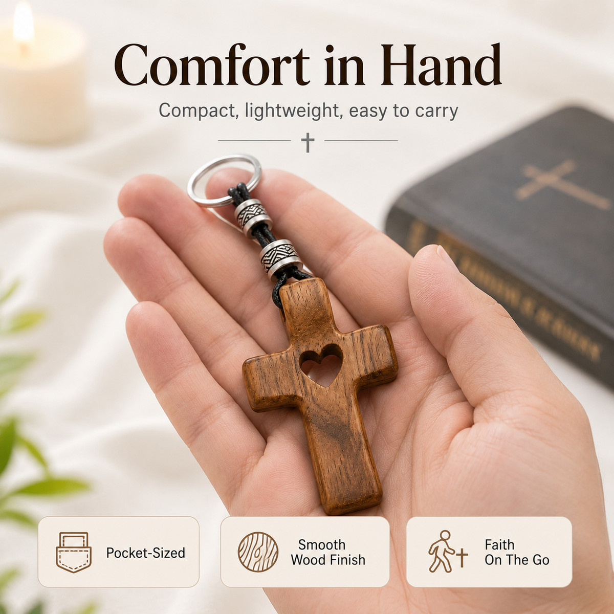 Olive Wood Cross Keychain