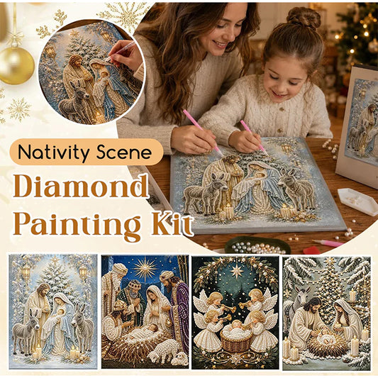 Nativity scene diamond painting kit shown with a woman and child painting together, plus four smaller preview panels of the painted scenes. Text on the image reads 'Nativity Scene Diamond Painting Kit.