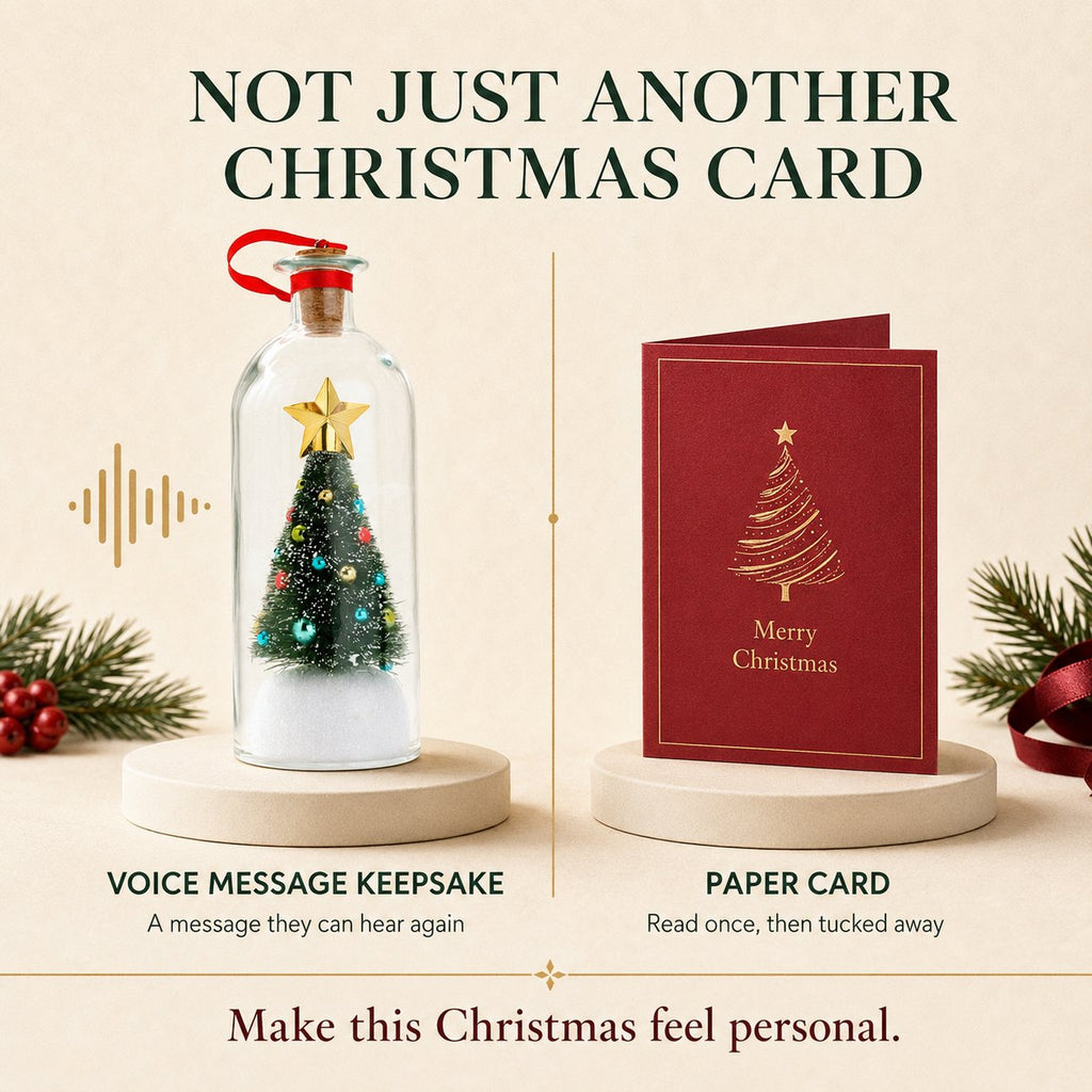 Voice message keepsake compared to an ordinary paper Christmas card