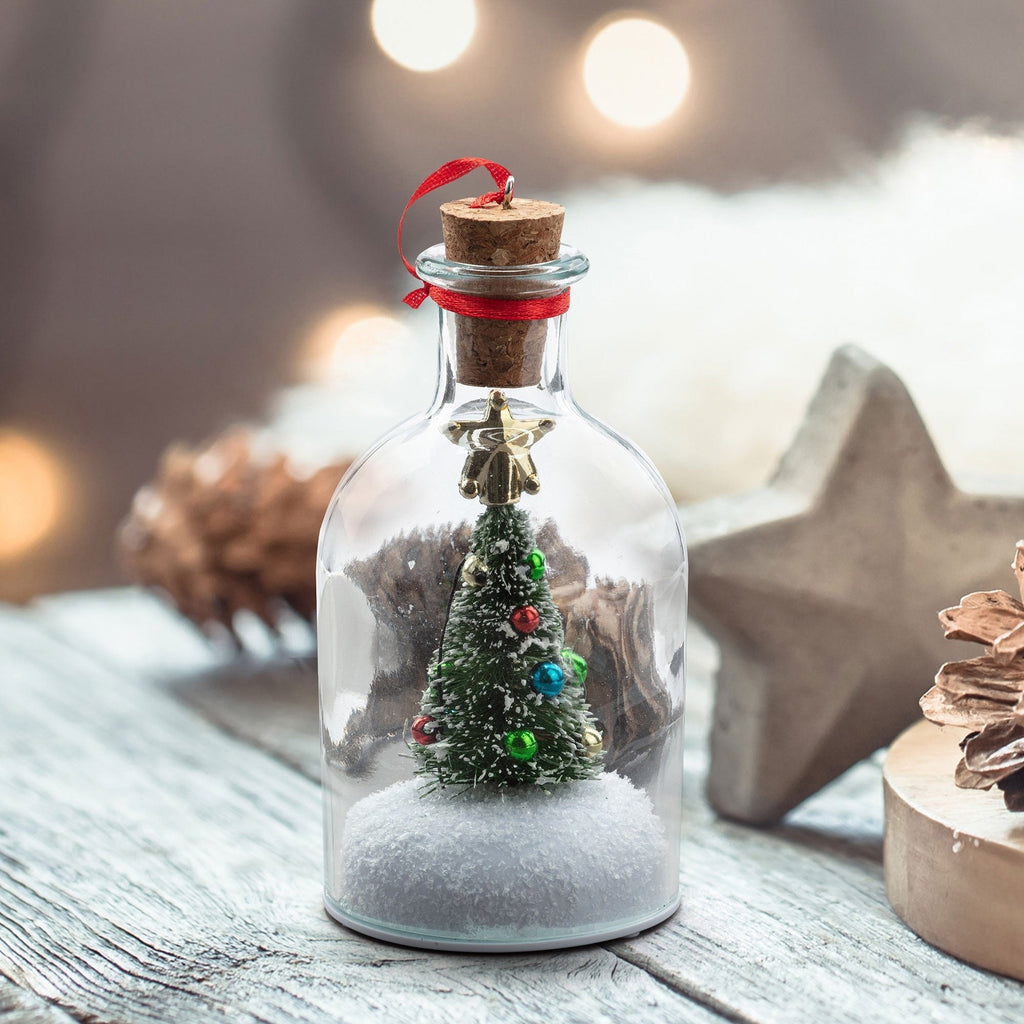 Cork and red ribbon detail on the recordable Christmas tree bottle