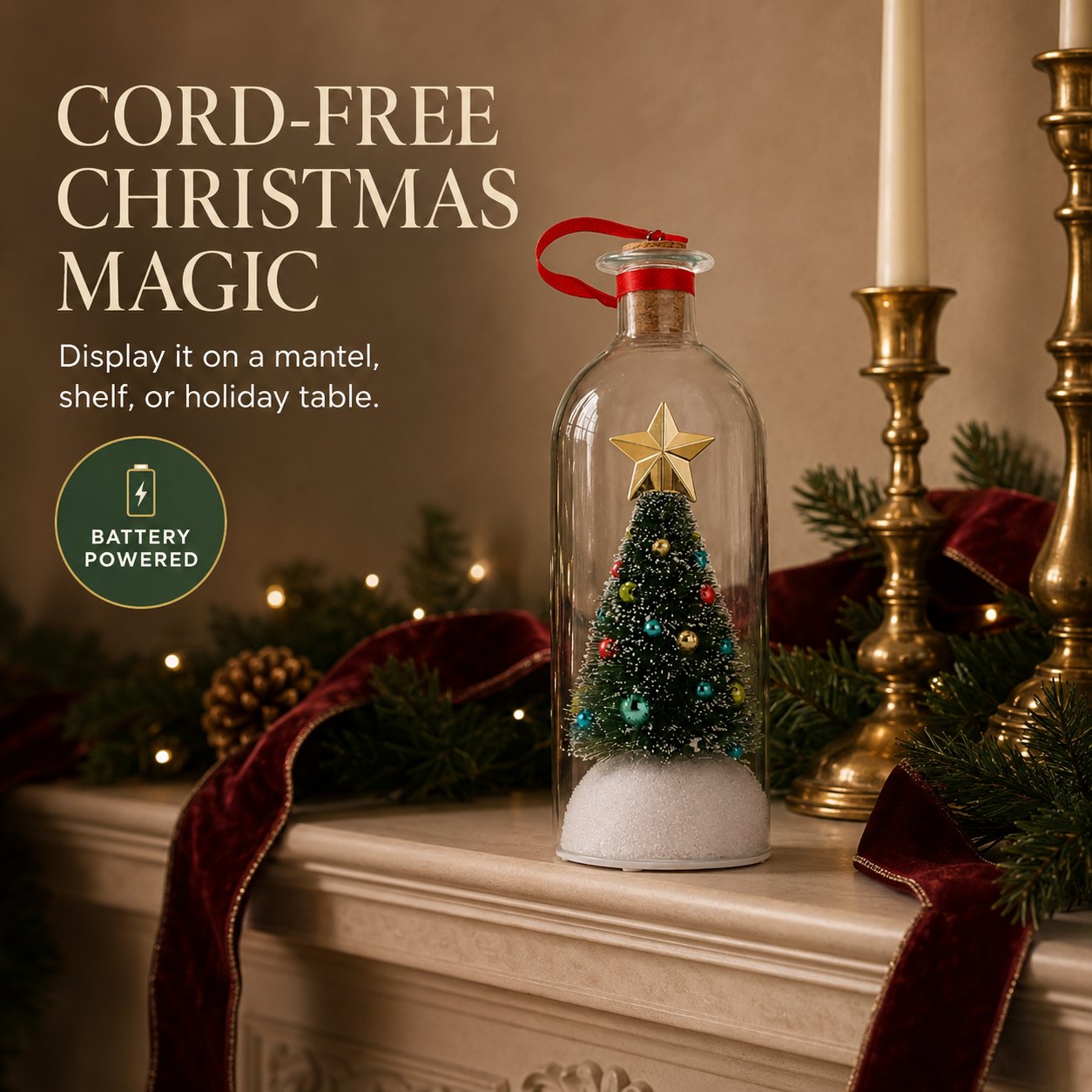 Cord free battery powered Christmas decor keepsake on a mantel