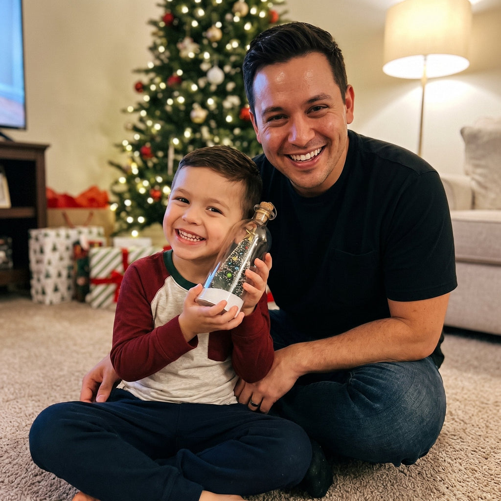 Father and son with the recordable Christmas tree keepsake