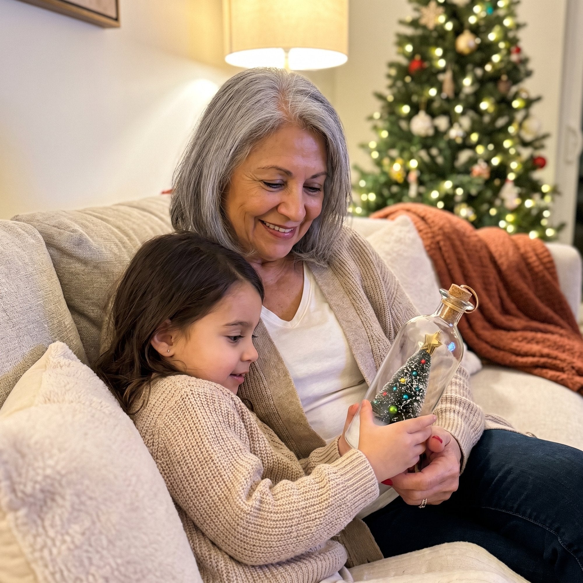 Grandmother and granddaughter listening to the recorded message