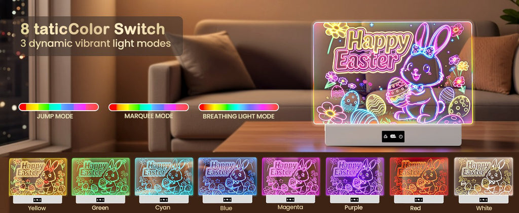 Eight LED light modes and color effects on the glow drawing board