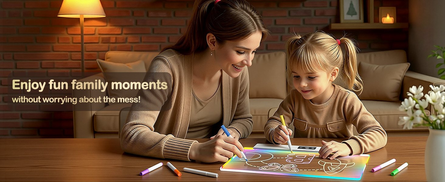 Mother and daughter drawing together on the LED board
