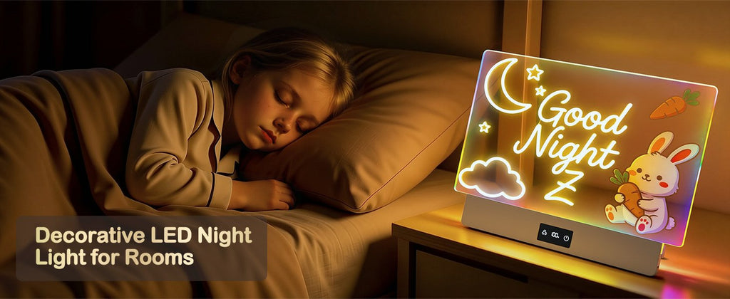 LED drawing board used as a decorative night light in a bedroom