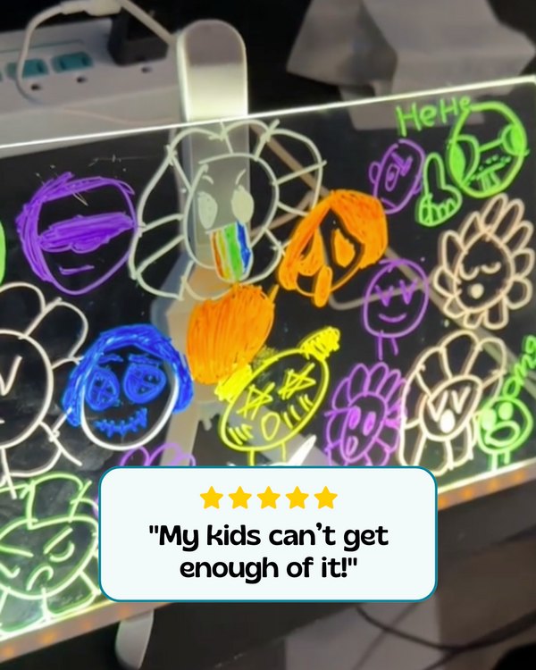 Colorful kids drawings glowing on an LED board with LumiPens