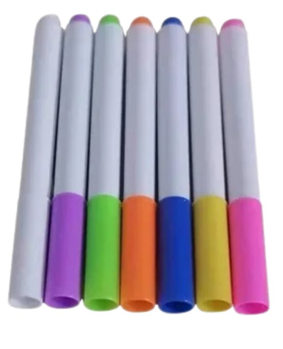 Seven neon liquid chalk markers in a row, LumiPens refill set