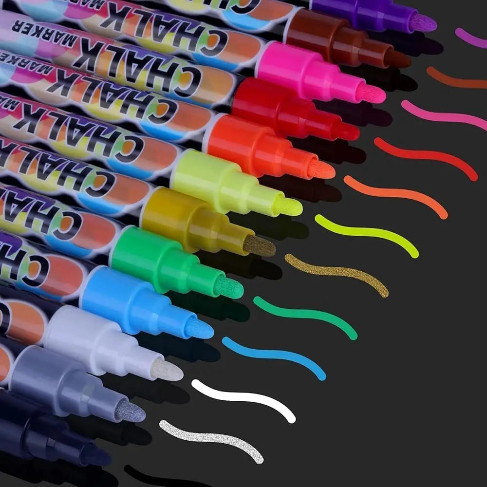 12-Color Washable Liquid Chalk Markers – Wet Erase Neon Pens for Glass, Blackboard & Windows