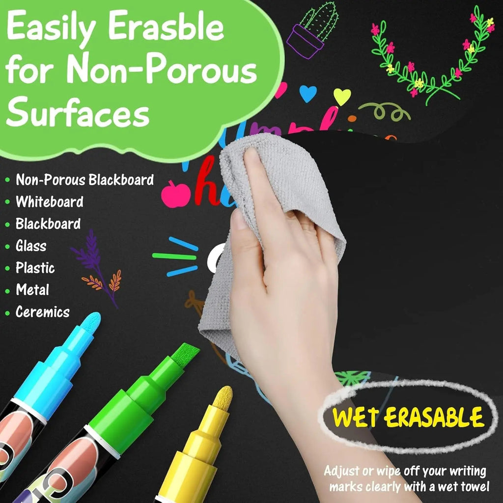 12-Color Washable Liquid Chalk Markers – Wet Erase Neon Pens for Glass, Blackboard & Windows