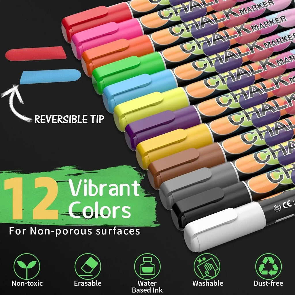 12-Color Washable Liquid Chalk Markers – Wet Erase Neon Pens for Glass, Blackboard & Windows