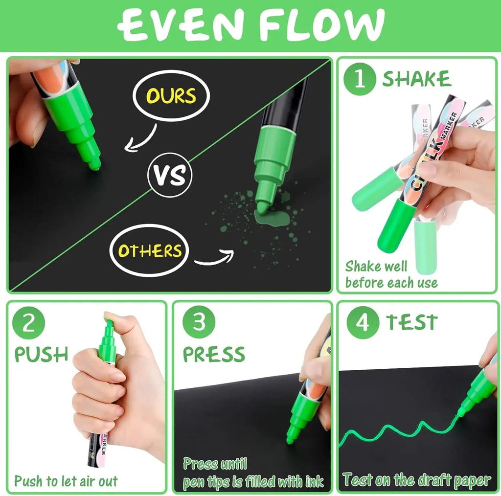 12-Color Washable Liquid Chalk Markers – Wet Erase Neon Pens for Glass, Blackboard & Windows