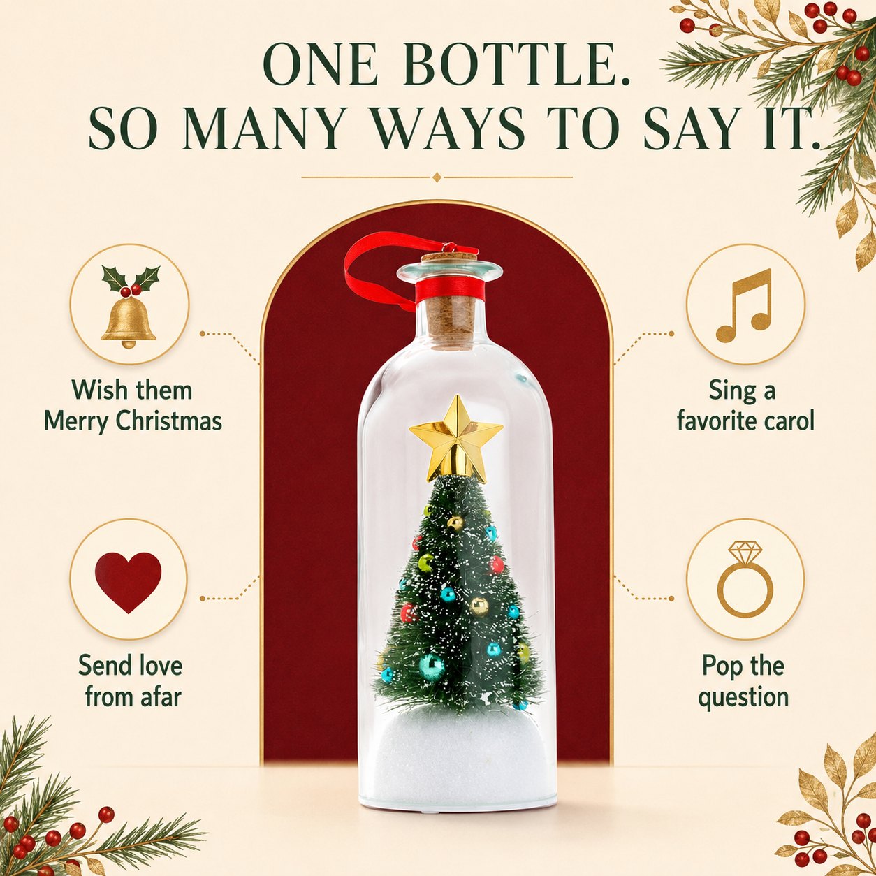 One bottle, many ways to say it: wish, sing, send love, propose
