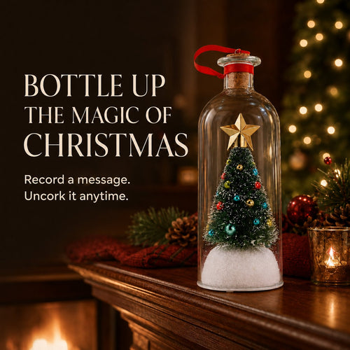 Record a message Christmas tree in a glass bottle glowing on a mantel