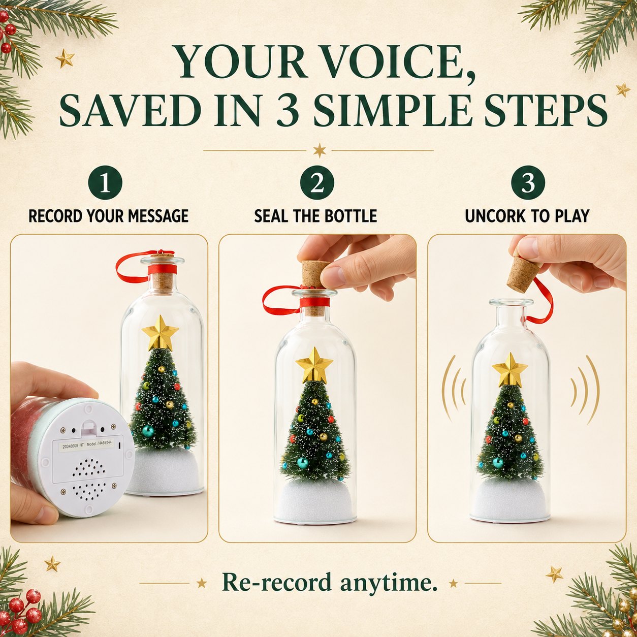 Record your voice in three simple steps: record, seal, uncork to play
