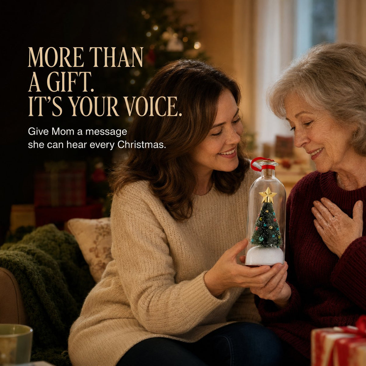 Daughter giving mom a recordable Christmas tree bottle keepsake