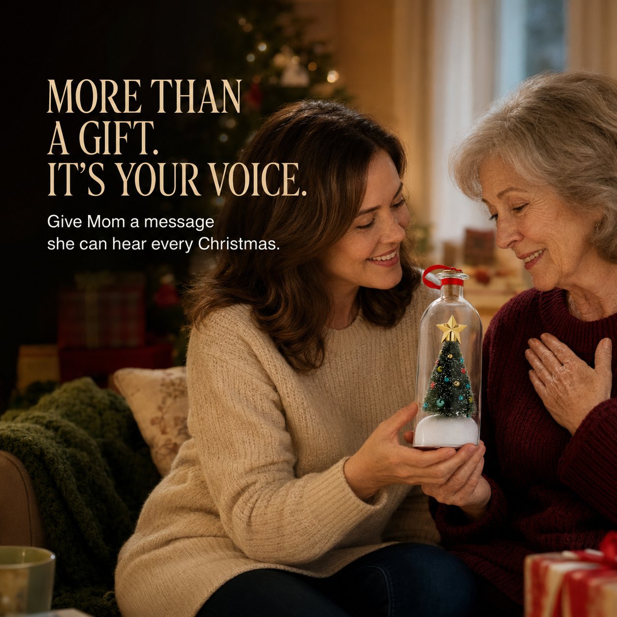 Daughter giving mom a recordable Christmas tree bottle keepsake