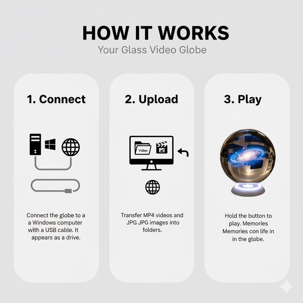 How the glass video globe works: connect, upload, play