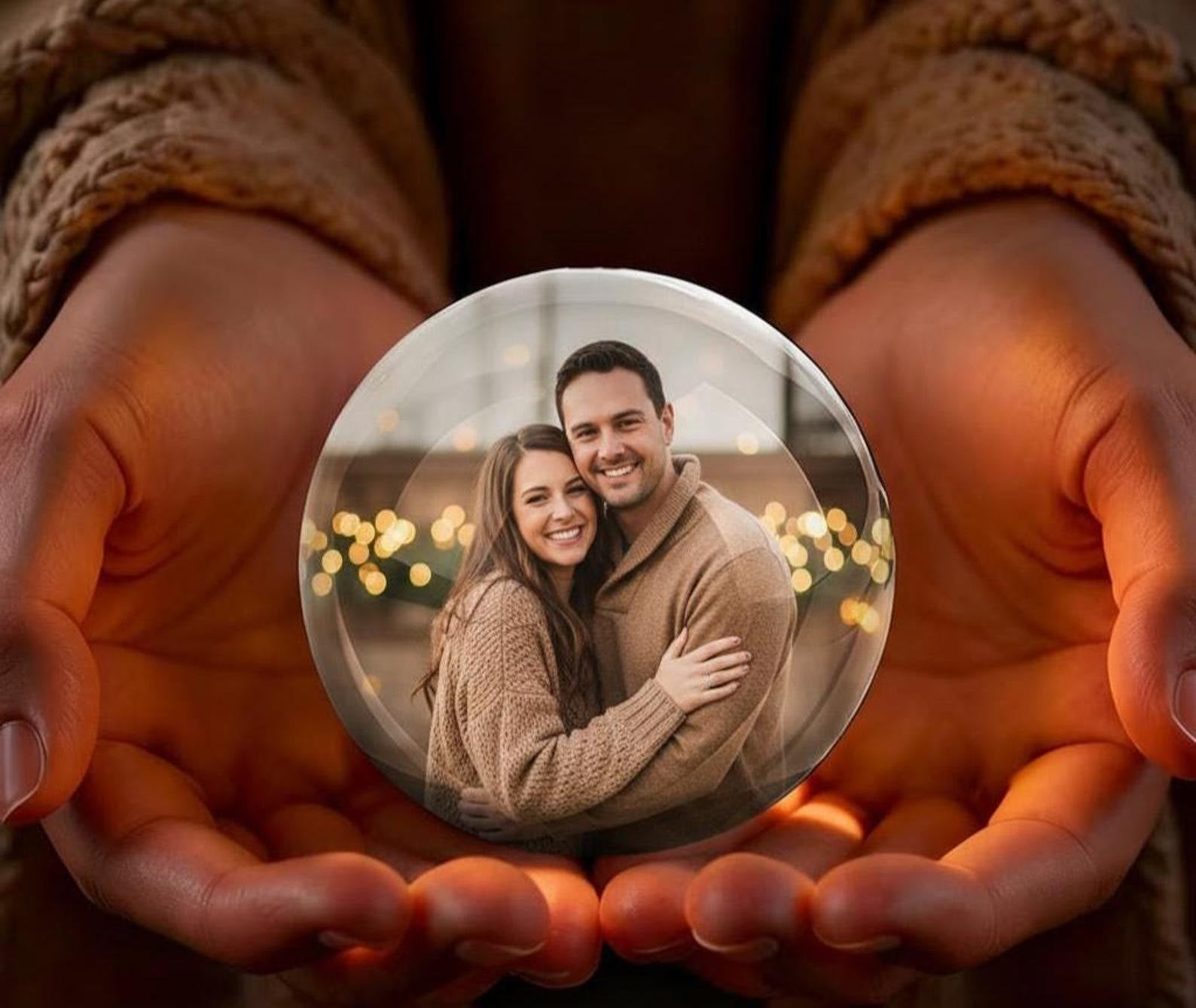 Hands holding a glowing video globe with a couple memory inside