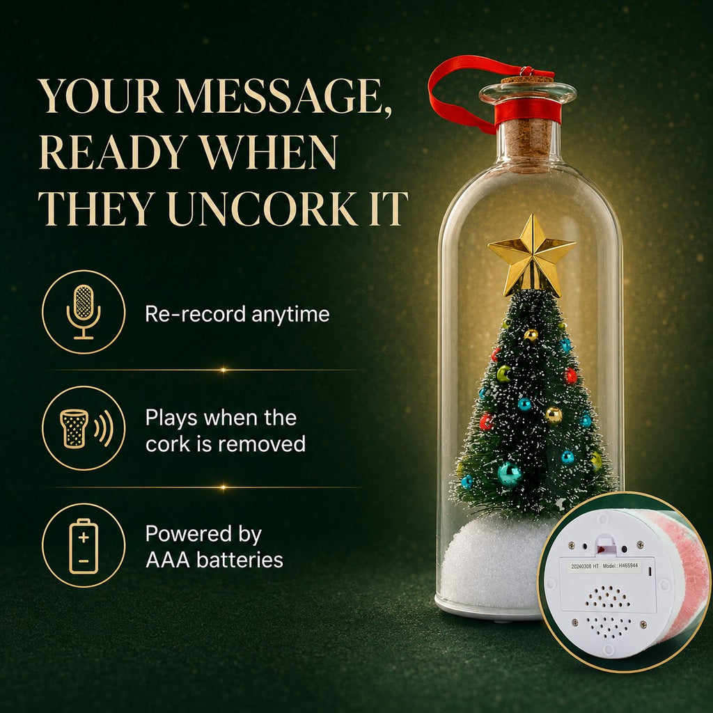 Voice message plays when the cork is removed, battery powered