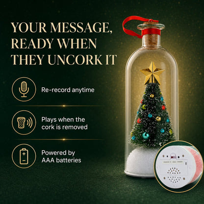 Voice message plays when the cork is removed, battery powered